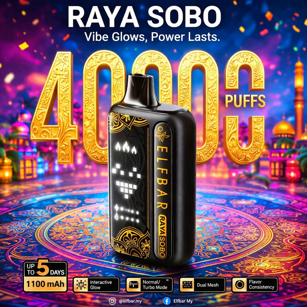 Elfbar Raya Sobo 40K Disposable Vape – 40,000 Puffs Rechargeable Vape with Dual Mesh Coil, Turbo Mode & Smart Display