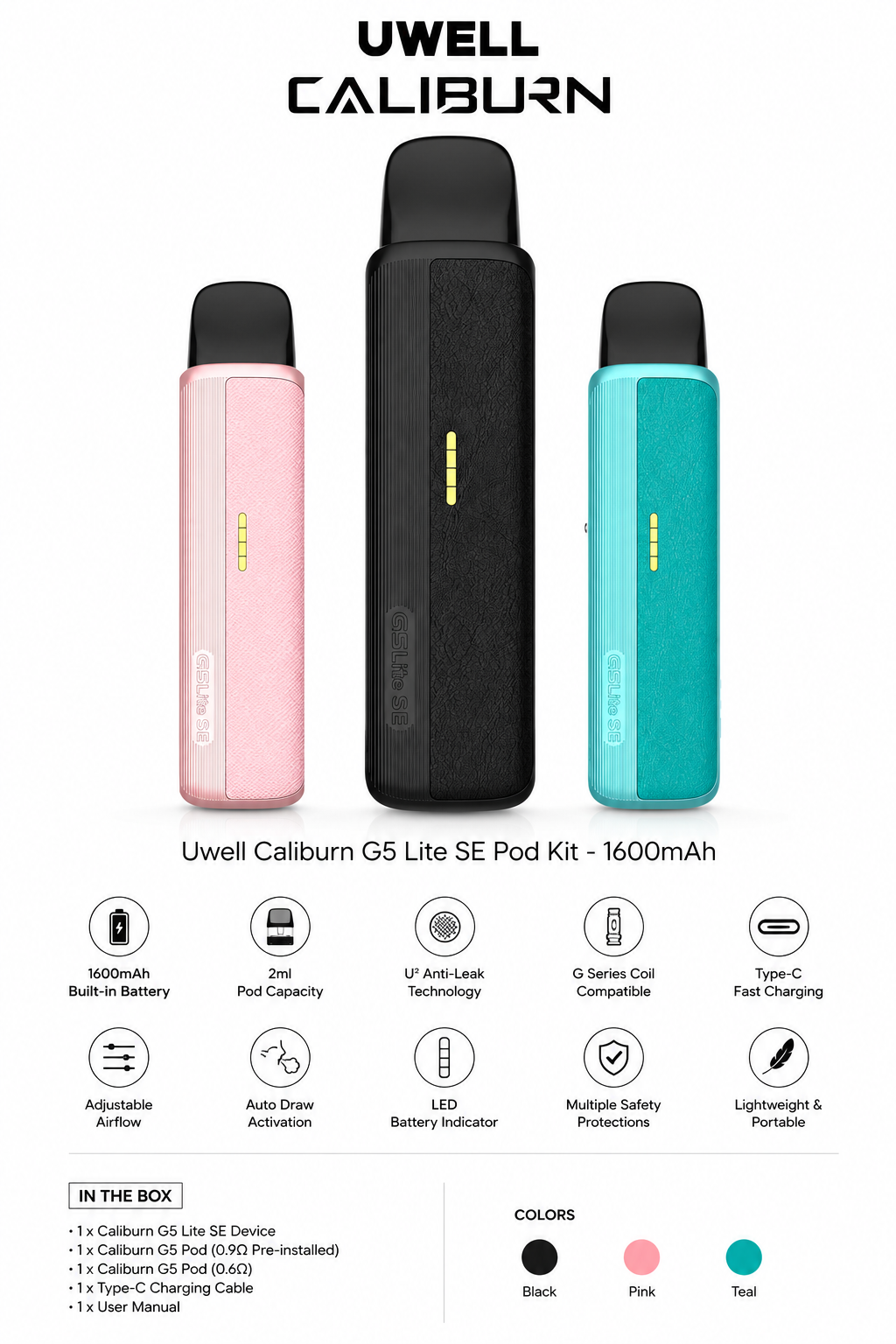 Uwell Caliburn G5 Lite SE Pod Kit – 35W Refillable Vape with 1600mAh Battery, PRO-FOCS 4.0, Adjustable Airflow & GPP Pods