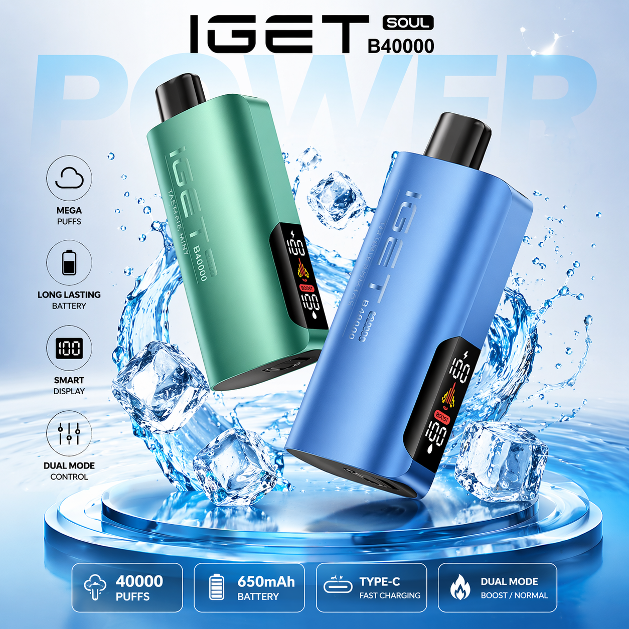 IGET Soul B40000 Disposable Vape – 40,000 Puffs Rechargeable Vape with Dual Modes (Regular & Turbo), Smart Display & Dual Mesh Coil