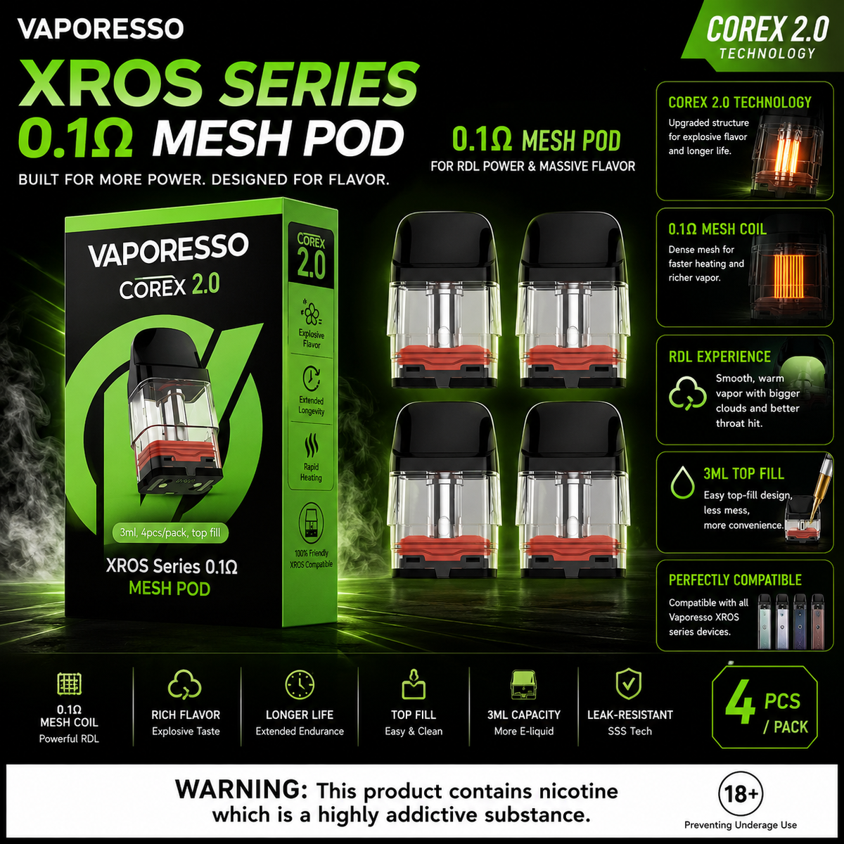 Vaporesso XROS Series COREX 2.0 Replacement Pods | 0.1Ω Mesh | 3ML | 4-Pack | Vape Mash India