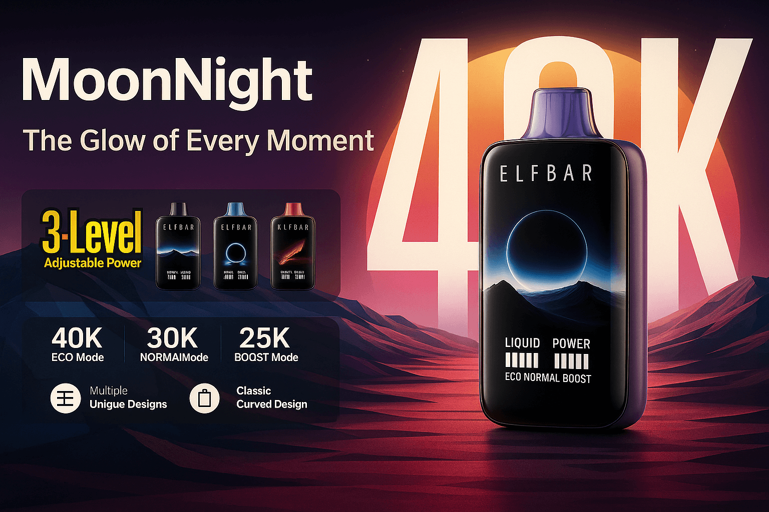 Elfbar MoonNight 40K Disposable Vape – 40,000 Puffs Rechargeable Vape with Curved Display, Dual Mesh Coil & Adjustable Power Modes