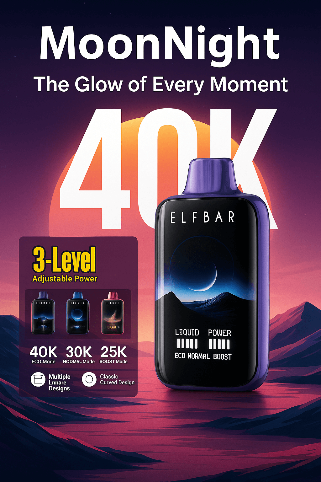 Elfbar MoonNight 40K Disposable Vape – 40,000 Puffs Rechargeable Vape with Curved Display, Dual Mesh Coil & Adjustable Power Modes