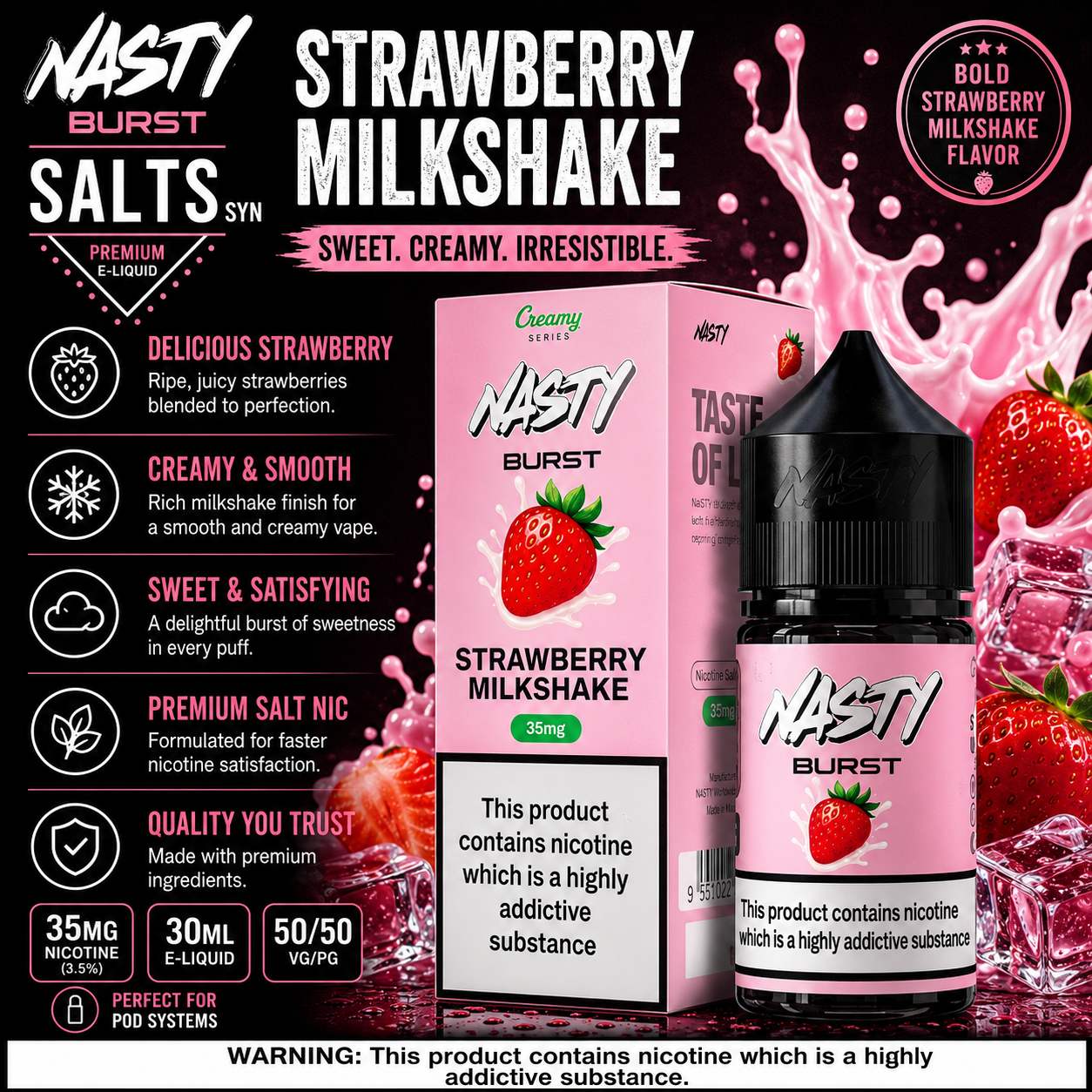 Strawberry Milkshake - Nasty Burst | 30ML Nic Salt Juice | 35MG, 50MG | Vape Mash India