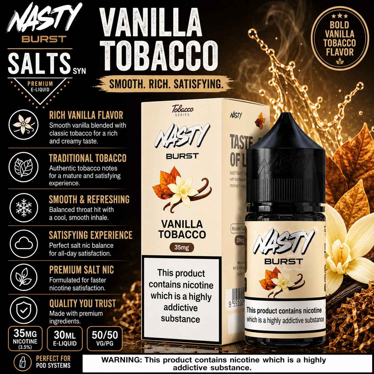 Vanilla Tobacco - Nasty Burst | 30ML Nic Salt Juice | 35MG, 50MG | Vape Mash India