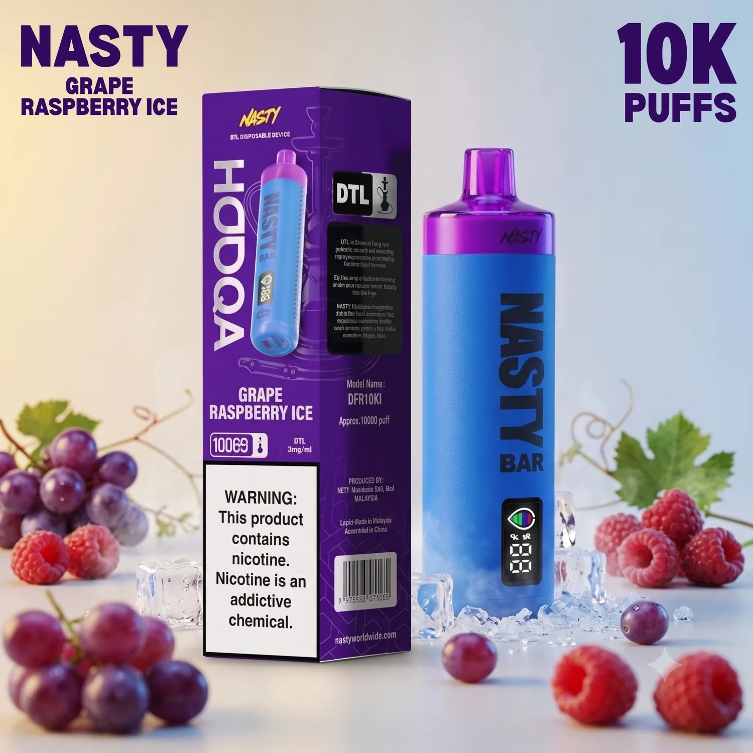 Nasty Bar HooQa - 10000 disposable vape - Grape Raspberry Ice flavour
