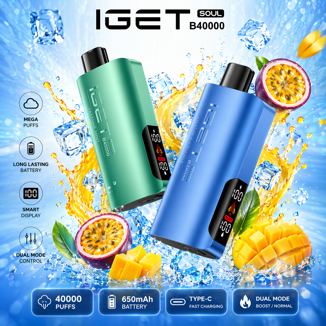 IGET Soul B40000 Disposable Vape – 40,000 Puffs Rechargeable Vape with Dual Modes (Regular & Turbo), Smart Display & Dual Mesh Coil
