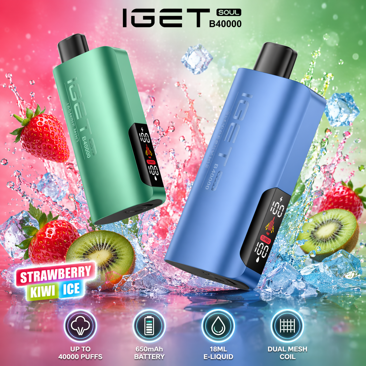 IGET Soul B40000 Disposable Vape – 40,000 Puffs Rechargeable Vape with Dual Modes (Regular & Turbo), Smart Display & Dual Mesh Coil