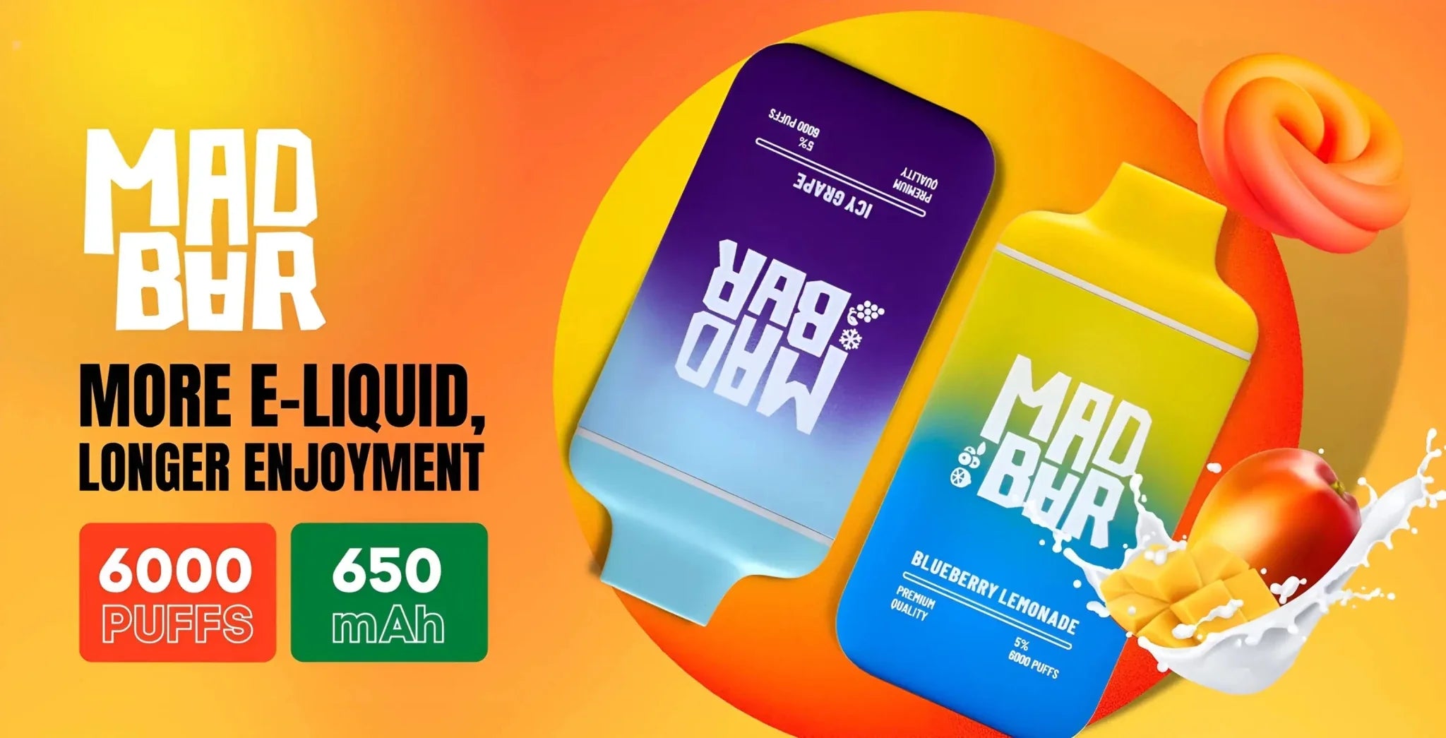 Mad Bar Disposable Orange and White E-Liquid 650mAh Puff Mad