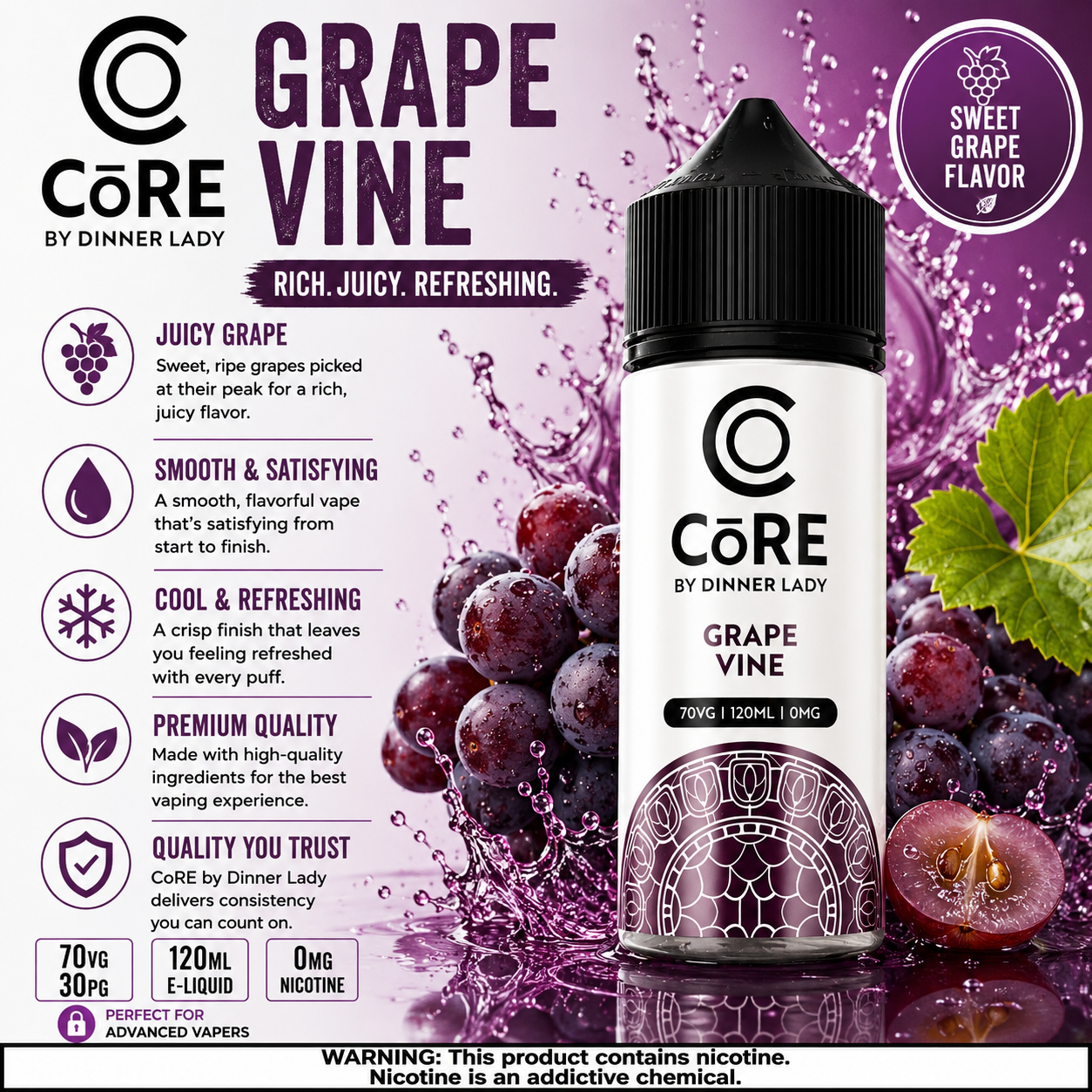 Grape Vine – CORE by Dinner Lady 120ML Vape Juice | 3MG, 6MG | Vape Mash India