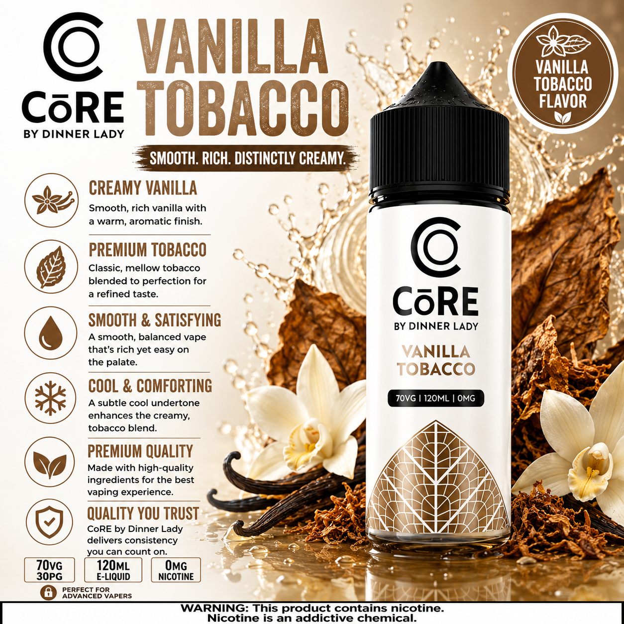 Vanilla Tobacco – CORE by Dinner Lady 120ML Vape Juice | 3MG, 6MG | Vape Mash India